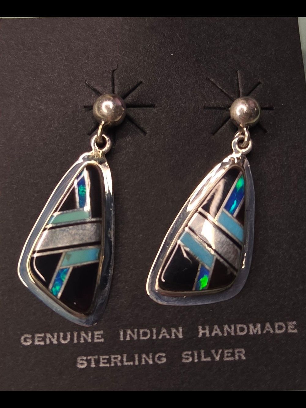 Turquoise Onyx Inlay Earrings Sterling Silver SF Teardrop Drop